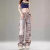 Women's Retro High Waist Newspaper Print Wide Leg Jeans