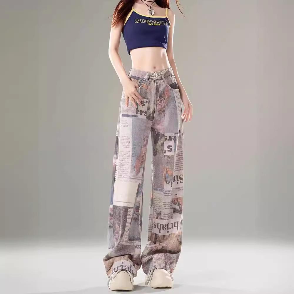 Women's Retro High Waist Newspaper Print Wide Leg Jeans