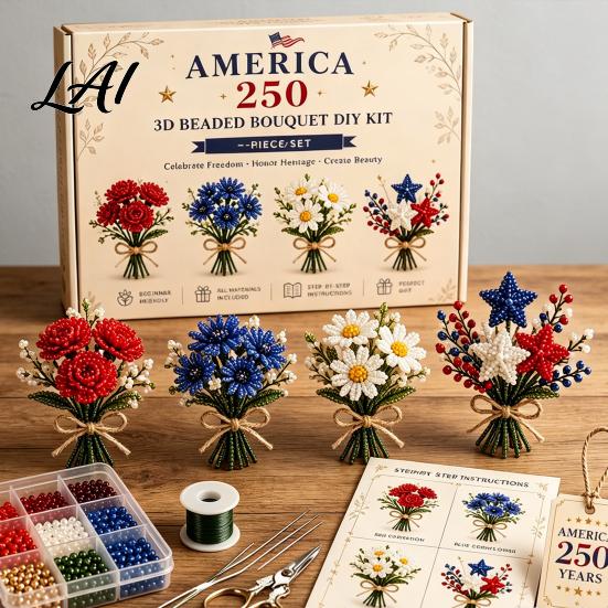 Craft Hobby for Adults America 250 Beaded Bouquet DIY Kit 4th of July Patriotic Flower 3D Kit Handmade Set 1776-2026 Independence Day Making