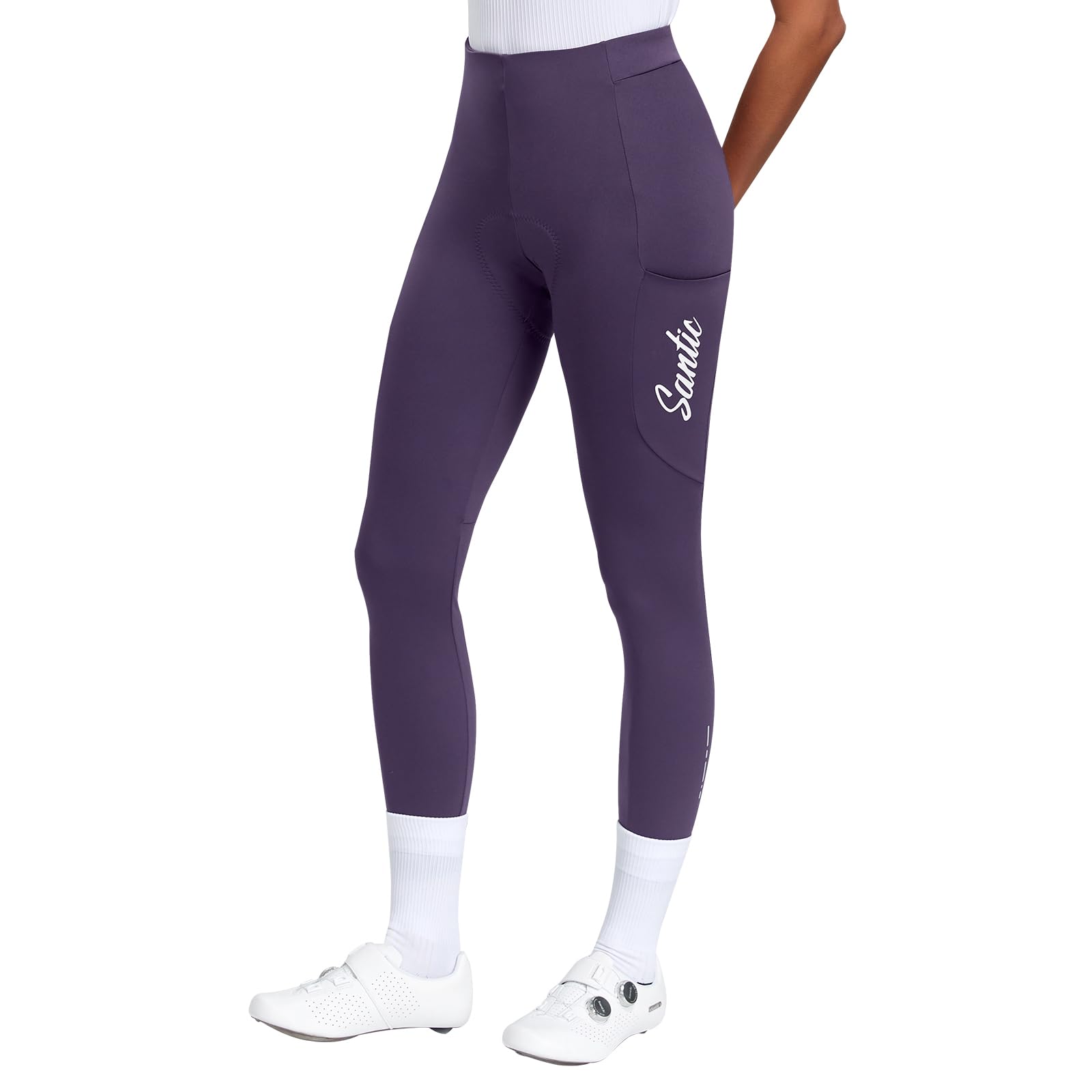 

Женские велосипедные брюки Santic на весну/лето, длинные, дышащие, эластичные, с подкладкой, для шоссейных велосипедов, фиолетовые, размер M