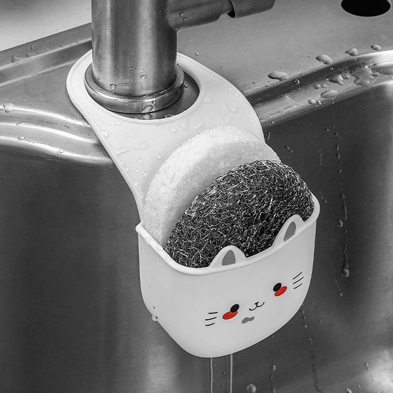 White Cartoon Cat Hanging Basket Soft Snap Fastener Faucet Sponge Holder Silicone Sink Hanging Storage Bag Faucet Accessories