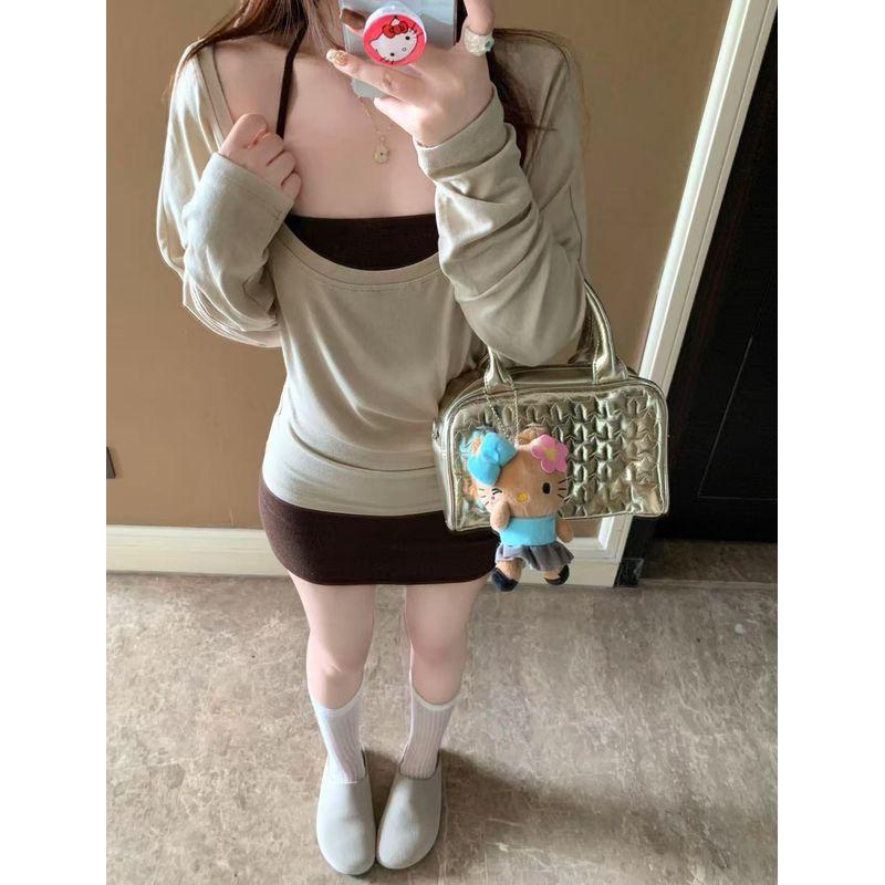 Kumikumi Idle Style Coffee Color Long sleeves Shirt Inner wear Hanging Neck Sling Women Autumn Slimming Skirt Three-Piece Set