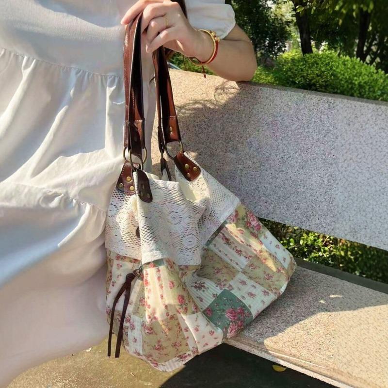 New vintage floral splicing shoulder bag lace lace large capacity cloth bag commuting versatile retro bag