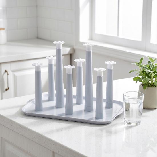 Escurridor de Tazas de Plástico de 6 Ranuras con Bandeja de Goteo Organizador de Encimera Ahorra Espacio para Tazas Vasos Estante de Almacenamiento de Cocina Libre de BPA