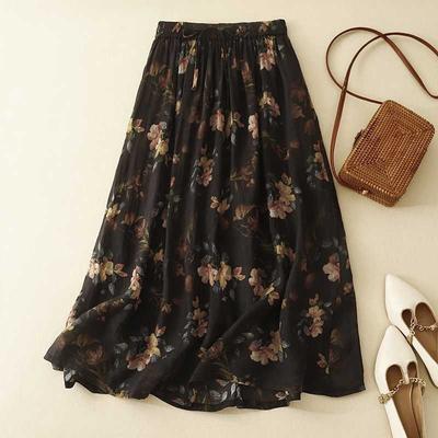 Floral Vintage Großer Saum Luftig Fließend Plus Gefüttert Halbkörperrock