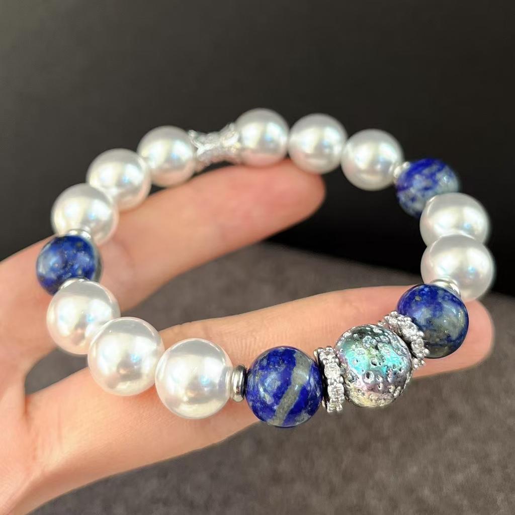 Retro High Quality Natural Lapis Lazuli High Gloss Artificial Crystal Pearl Bracelet Bracelet.
