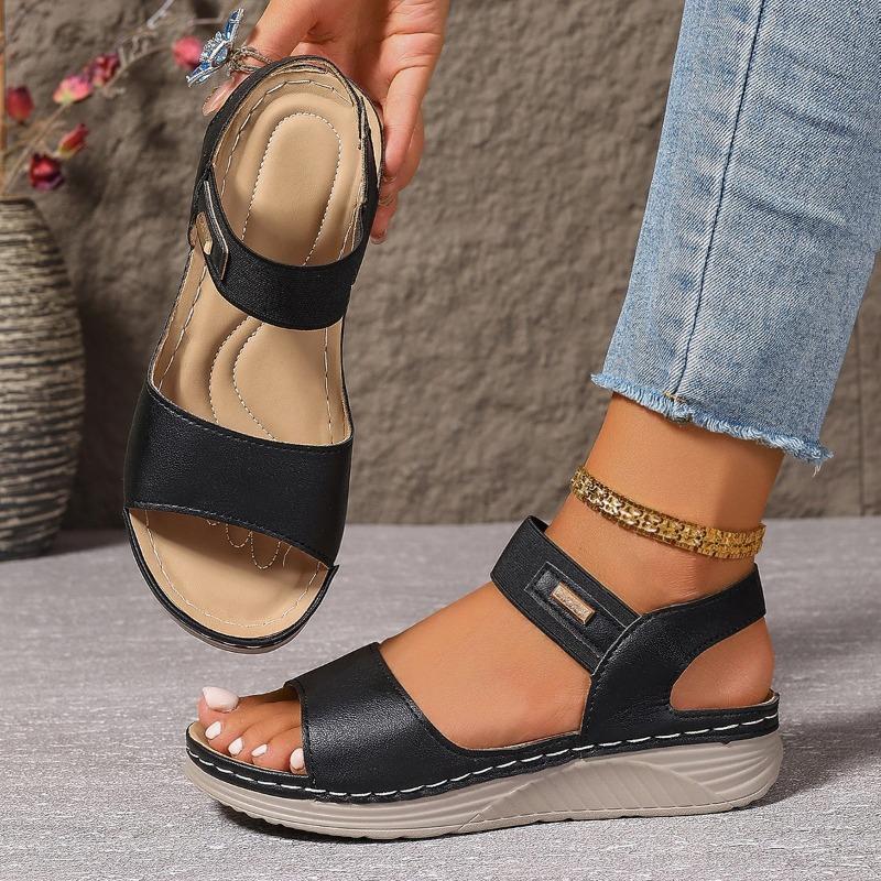 Women's Peep-Toe Casual Sandals With Velcro Strap, Roman Style Outdoor Footwear, Available In Large Sizes.