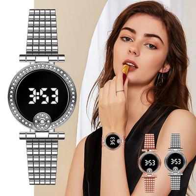Women Watches Rhinestone LED Digital Watch Simple Round Dial Alloy Strap Wristwatch