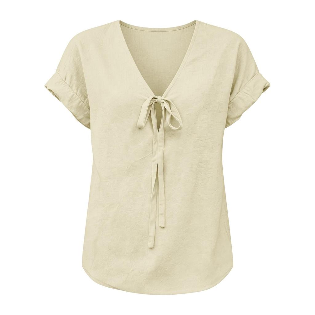 Women Short Sleeve V Neck Tie Front Blouse Loose Fit Casual Top Lightweight Textured Fabric Summer Shirt