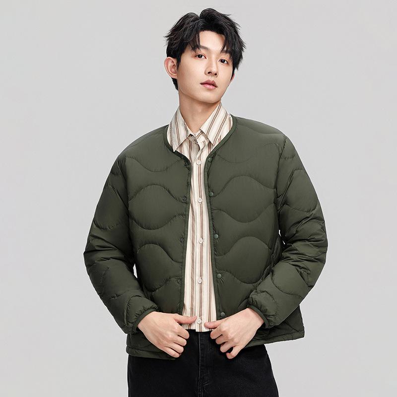 

Men s Collarless Lightweight Down Jacket - Autumn/Winter Fashionable 90% Duck Down, Soft, Portable, Warm Inner Layer 3XL армія зелений колір