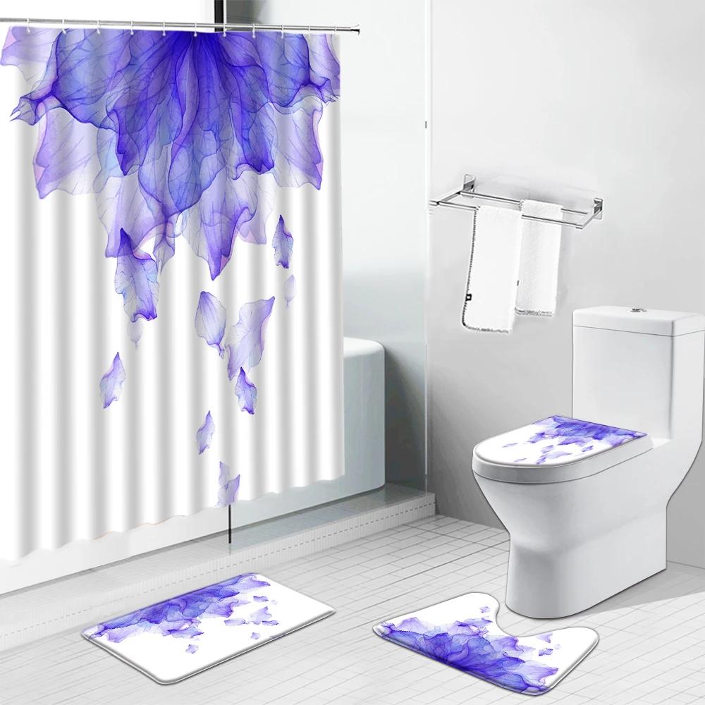 Pink Flower Plant Shower Curtains Cactus Lavender Floral Scenery For Bathroom Curtain Non-Slip Bath Mat Toilet Cover Set Carpet