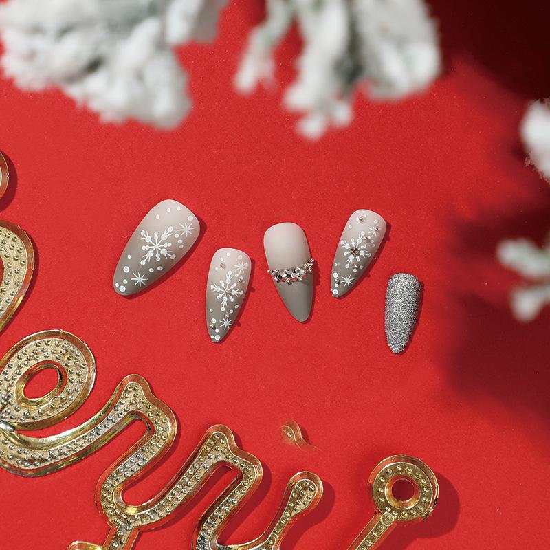 24 Pieces Wearing Nail Finished Product Christmas Snowflake Rhinestone Glitter Powder Nail Patch Press On Nails