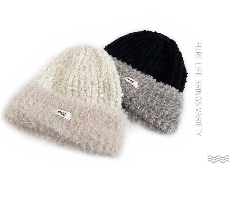 Cat Brother Korean Style Knit Hat: Color Block Plush, Warm Wool, Women's Large Head Circumference