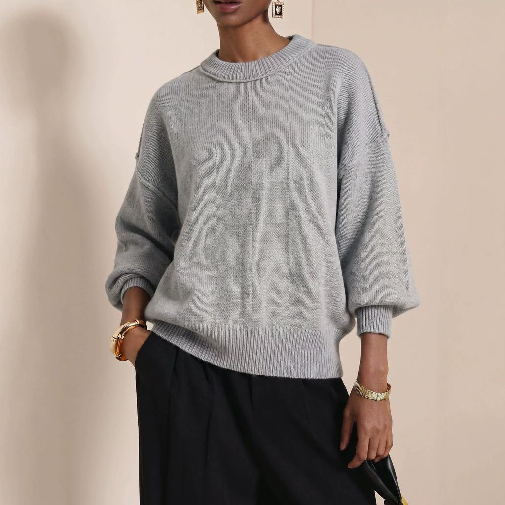 YYFS Moda feminina casual outono inverno cor sólida estampa manga comprida gola redonda suéteres