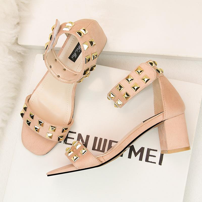 Summer fashion thin suede women's shoes thick heel high heel one word with willow nail sandals