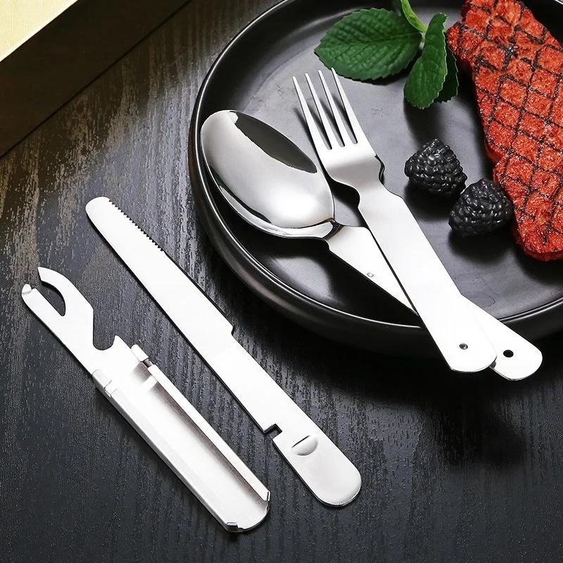 4-in-1 Portable Stainless Steel Camping Spoon, Fork, Knife and Can/Bottle Opener, Military Camping Utensils