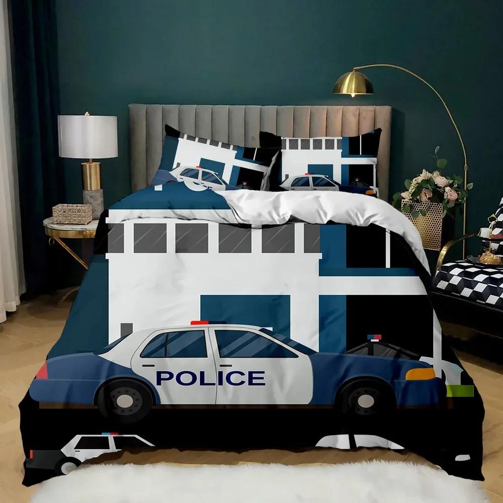 Police Duvet Cover Automotive Black Policeman Automotive Twin Bedding Set Cartoon Vehicle Comforter Cover Red Cop Lights Polyester Quilt Cover