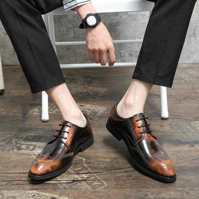Large Size Men's Shoes 48 Polish Color Men's Fashion Dress Pointed Small Leather Shoes Brock Engraved Business Leather Shoes Men