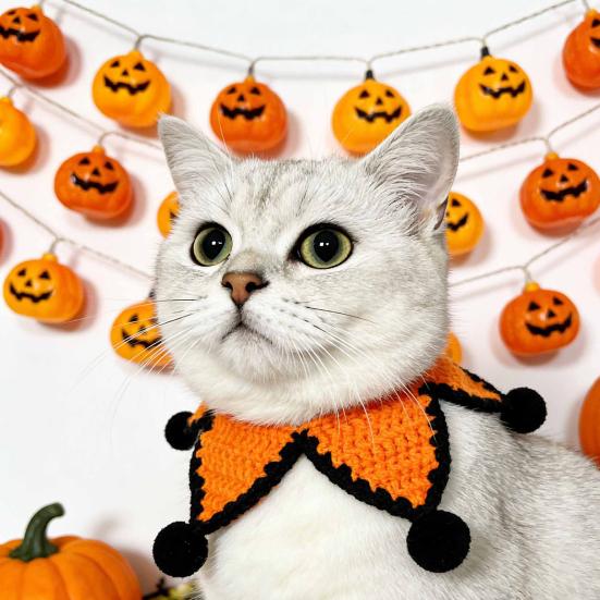 Five-pointed Star Pet Bib Knitted Bib, Handmade Shape Cat Crochet Small Dog with Black Pom-poms for Cats Dogs Halloween Outfit Non-tightening Collar