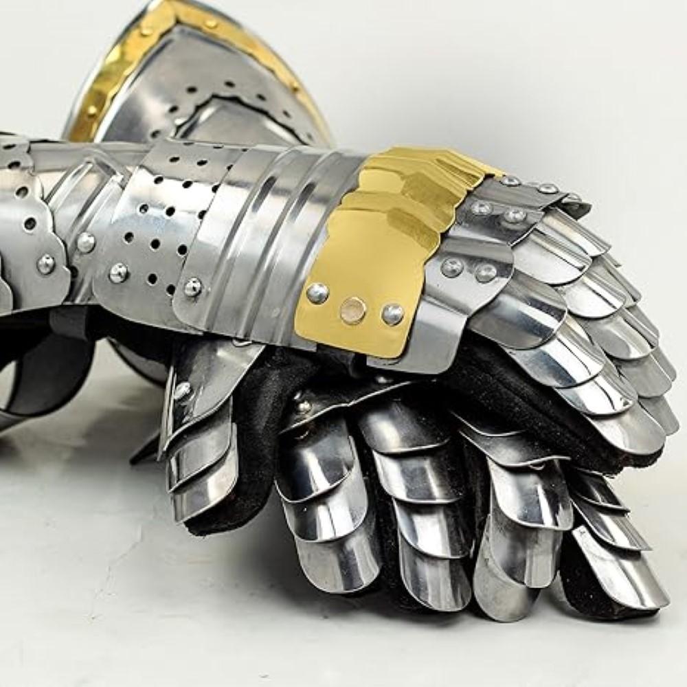 Medieval Knight Gauntlet Gloves Pair Brass Accents Crusader Armor Steel Gloves
