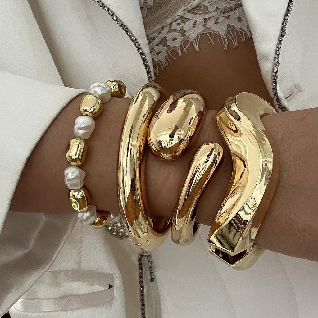 Vintage Hip Hop Metall Glatt Unregelmäßig Federarmband für Damen Übertrieben Geometrisch Klobig Breit Manschettenarmreif Punk Schmuck Geschenk
