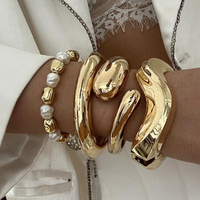 Vintage Hip Hop Metal Smooth Irregular Spring Bracelet for Women Exaggerated Geometric Chunky Wide Cuff Bangle Punk Jewelry Gift
