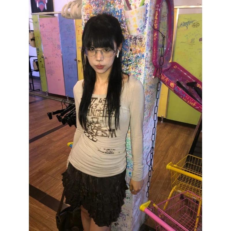 2KWEIRD Japanese Y2k Letter Print T-shirt Trashy 2000s Style Long Sleeve Ribbed Tops Vintage Harajuku Streetwear American Retro