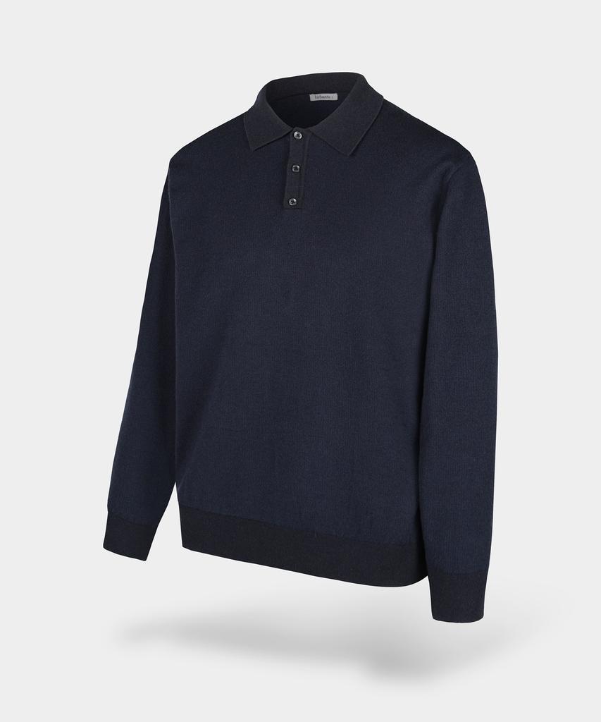 BIRBANTE Soft Washable Two-Tone Collared Knit - Dark Navy