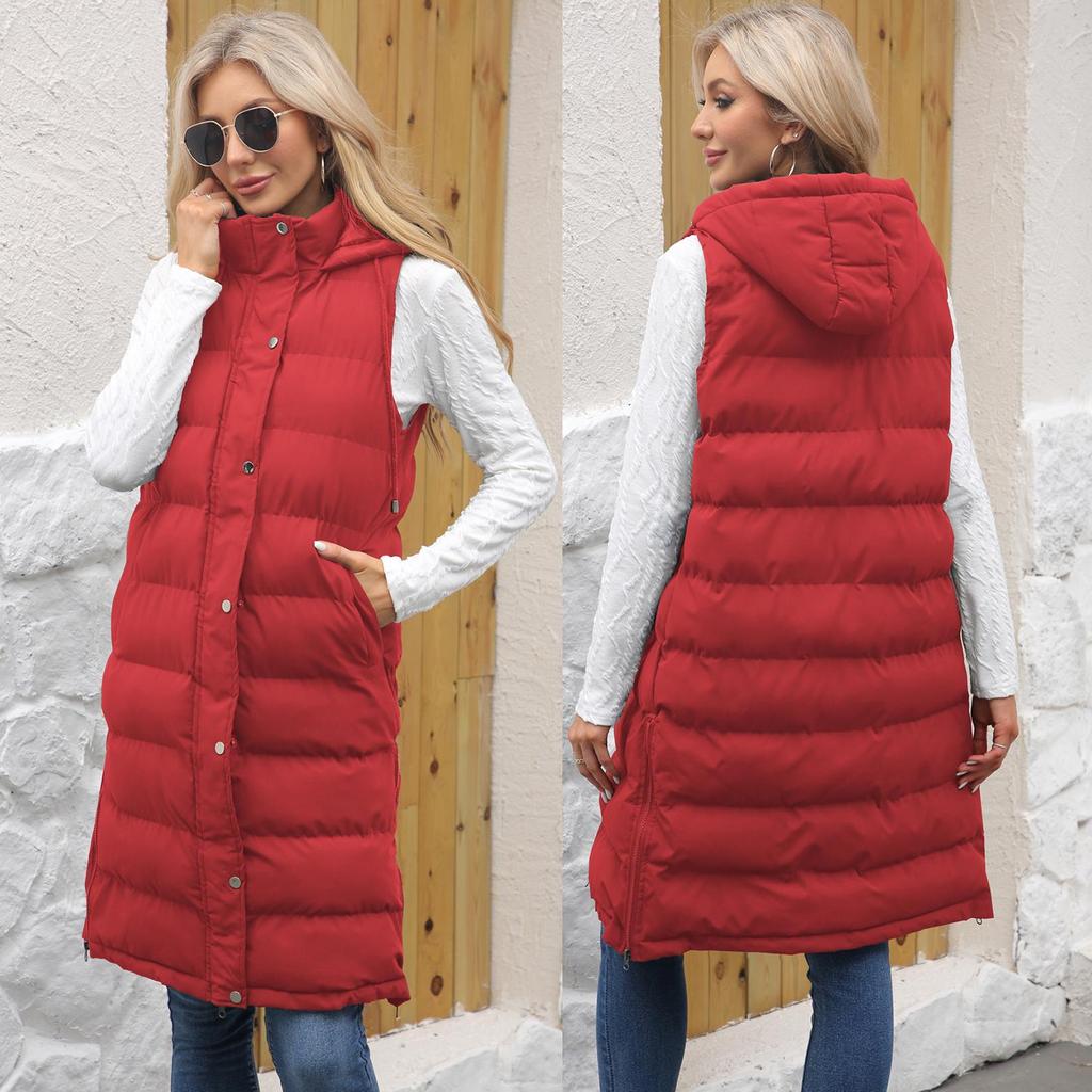 Women’s Coats Hooded Sleeves Long Style Solid Color Vest Quilted Jacket Autumn Winter Thick Warm Outer Wear