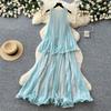 High-end vacation style sleeveless neck dress women's summer mint green lotus leaf edge pleated temperament long dress