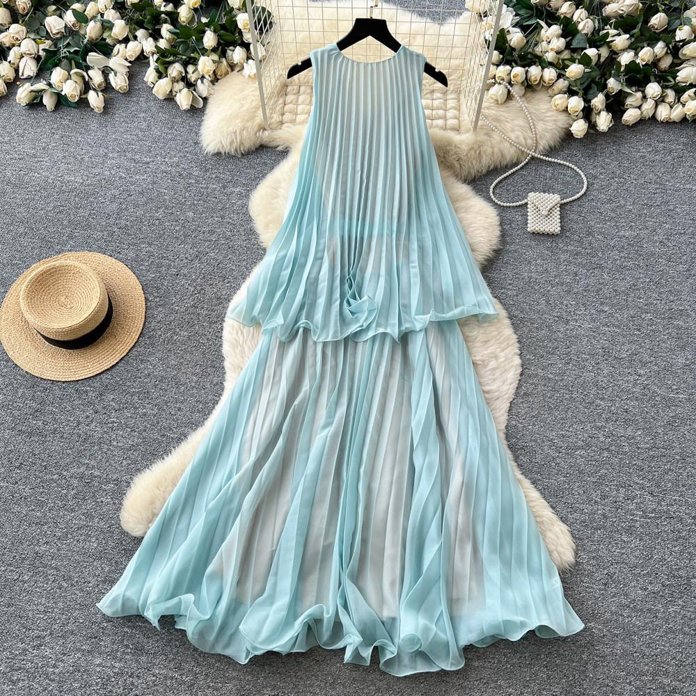 High-end vacation style sleeveless neck dress women's summer mint green lotus leaf edge pleated temperament long dress
