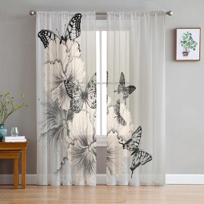 Tende in Tulle con Arte di Fiori e Farfalle Bianche e Nere per Decorazione Soggiorno Chiffon Sheer Voile Tenda da Cucina Camera da Letto