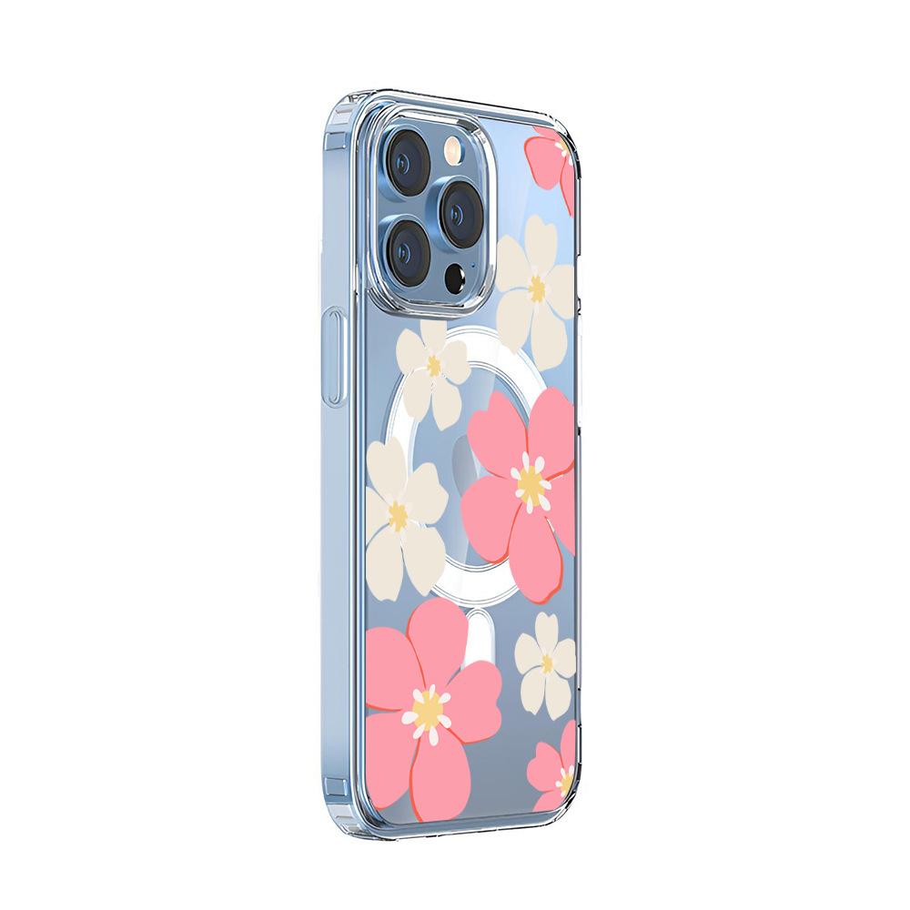 Korean pink flower MagSafe magnetic mobile phone case iPhone15 anti-drop transparent Apple 17Pro hard case protection