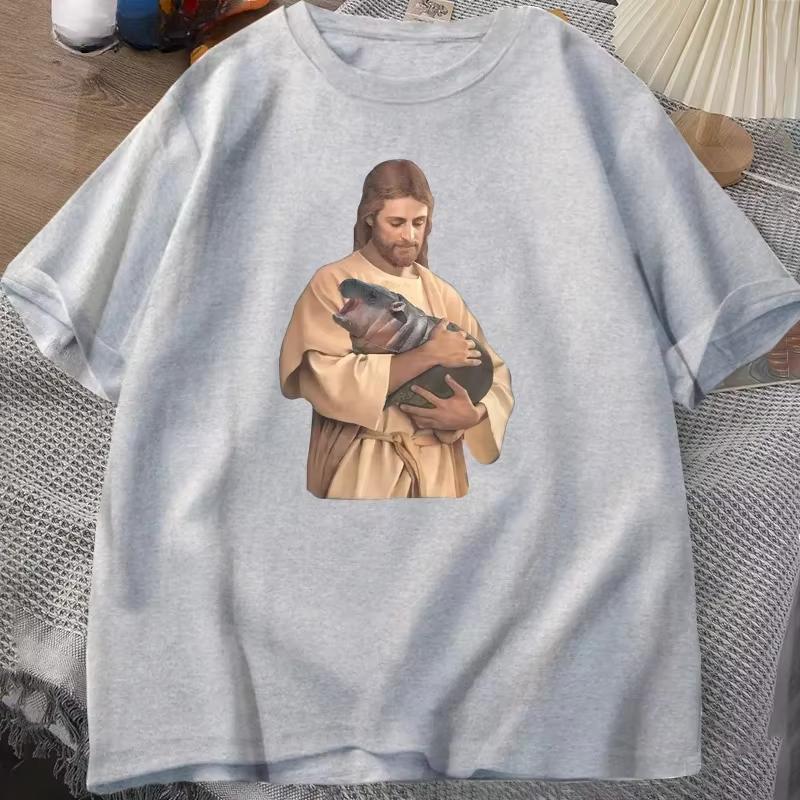 Funny Meme Jesus Holding Moo Deng T Shirt Unisex Summer Fashion The Hippo Joke Moo Dang Lover T-shirt Short Sleeve Tees