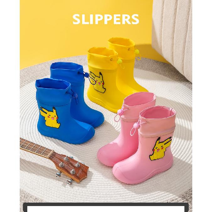 Pikachu Children's Rain Boots Boys Baby Non-Slip Fleece-Lined Warm Rain Boots Girls Toddler Kids Lightweight Waterproof Shoes