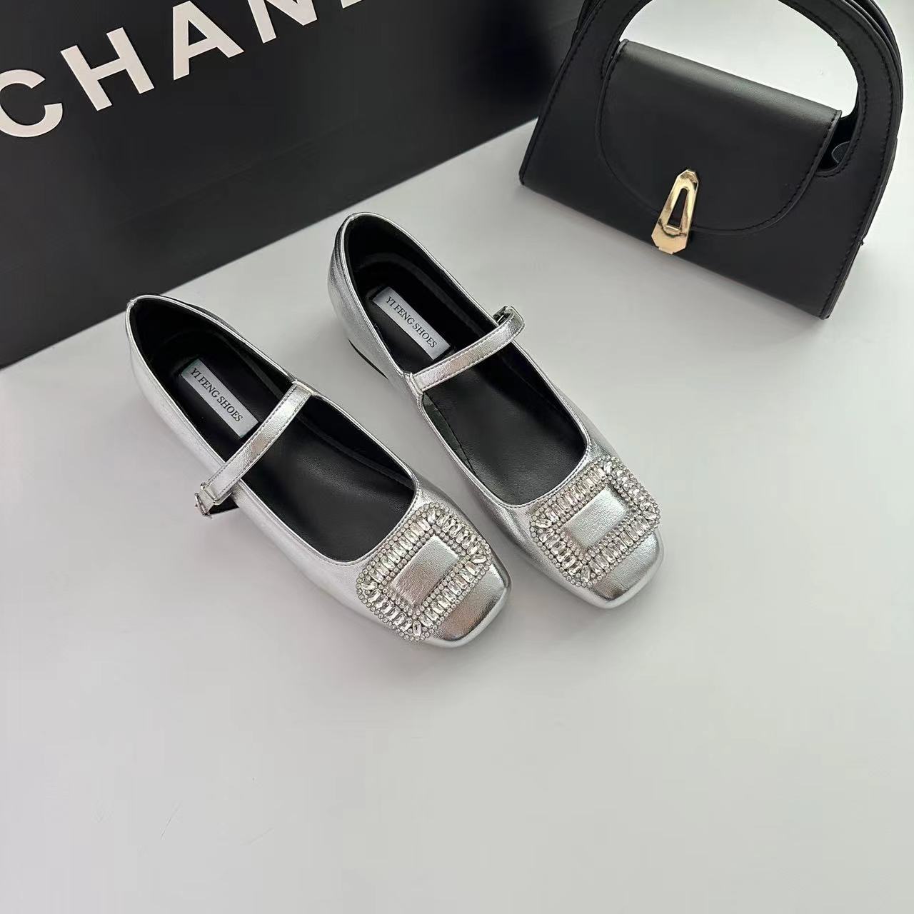 

Evening breeze banquet rhinestone height increased by 5 cm with Mary Jane women s single shoes spring and summer 24 new square head women s shoes 39 серебряный