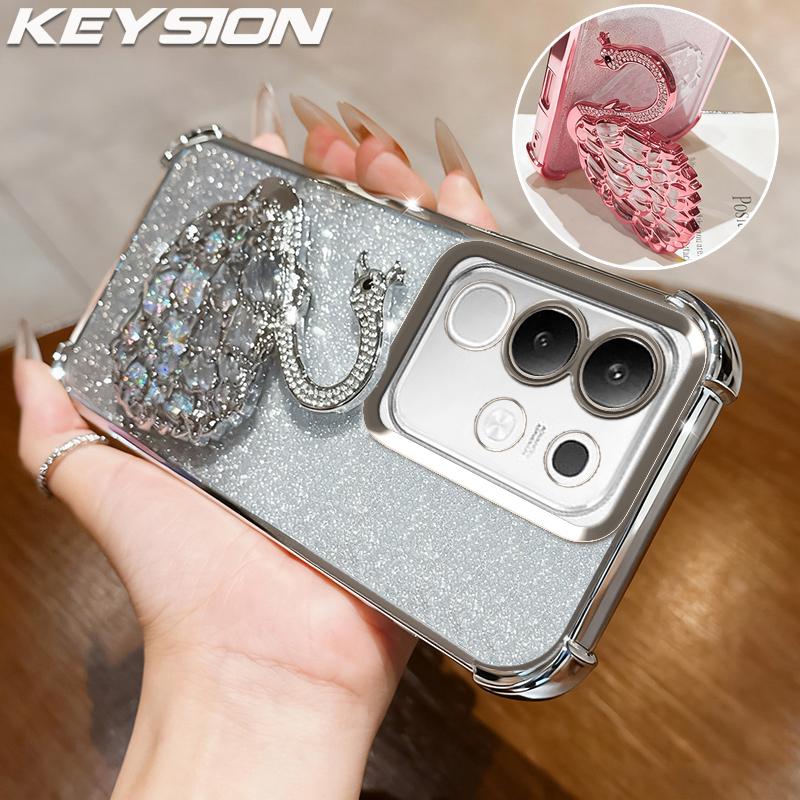 KEYSION Shockproof Plating Phone Case for VIVO Y29 4G Clear Soft TPU Glitter Jewelled Swan Kickstand Back Cover for IQOO Z10X 5G