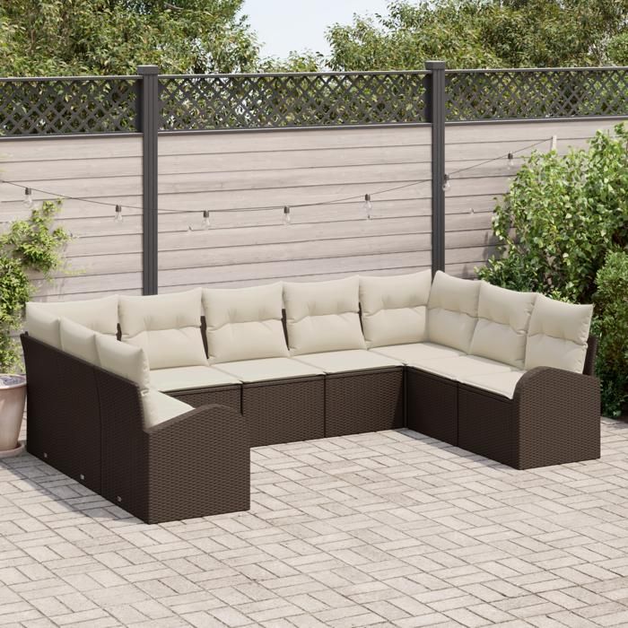 VidaXL Ensemble de canapé de jardin 9 pièces avec coussins Marron en poly rattan 3346198