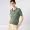 Striped Cashmere Polo Collar Short-Sleeve Knit Top