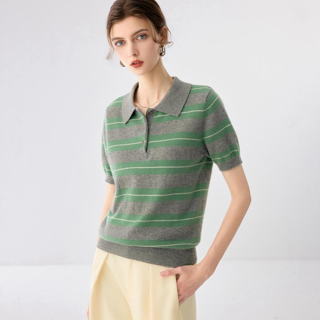 Striped Cashmere Polo Collar Short-Sleeve Knit Top