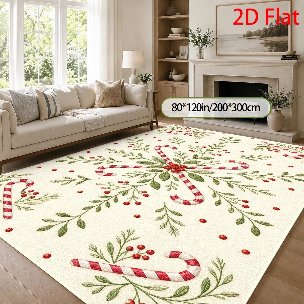 2D Flat Christmas Rug with Flower & Candy Cane Pattern, Festive Soft Durable Decor Mat for Indoor & Outdoor