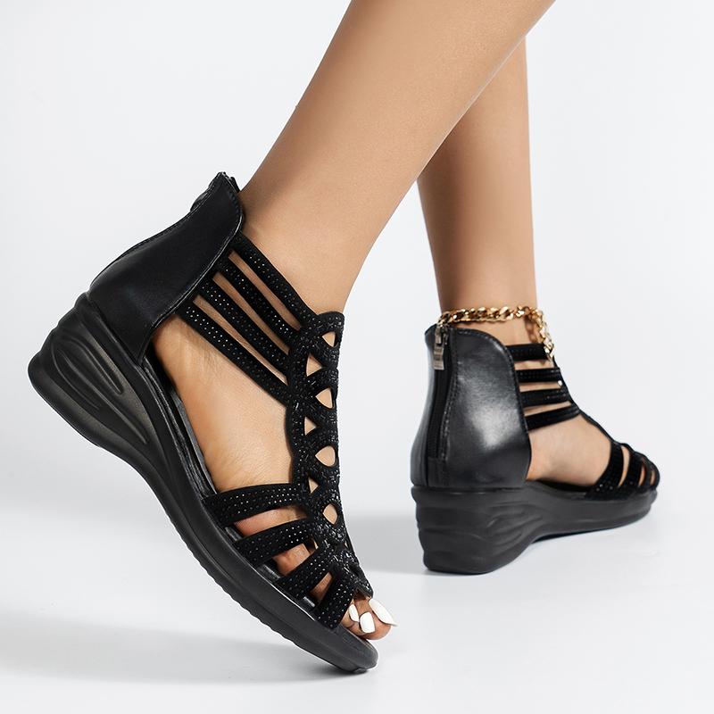 Aphixta Woman Gladiator Sandals Zip Close Peep Toe Women Summer Hollow Shoes Black Color Ladies Wedge Shoes Big Size 43