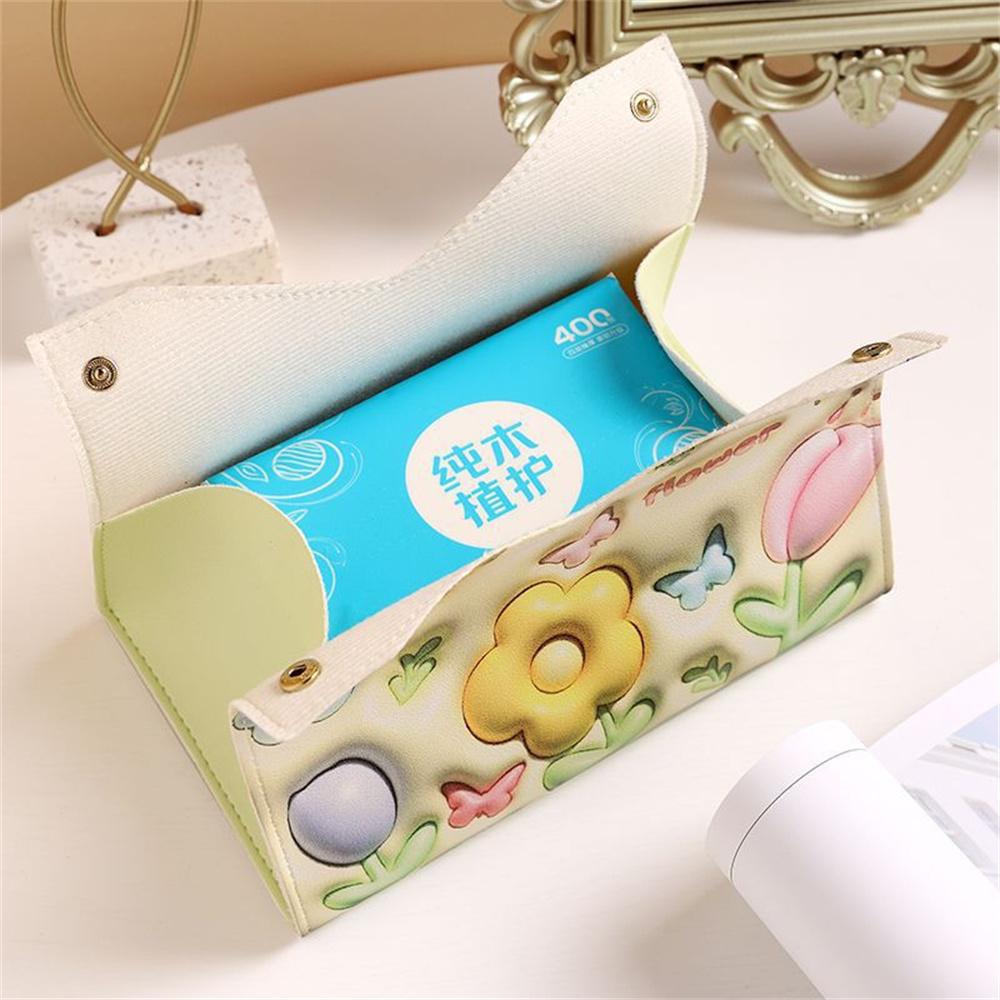 3d Visual Effect Flower Printed Tissue Box Ins Style Paper Napkin Case Cute Pu Leather Home Car Paper Storage Boxes Girls Gifts