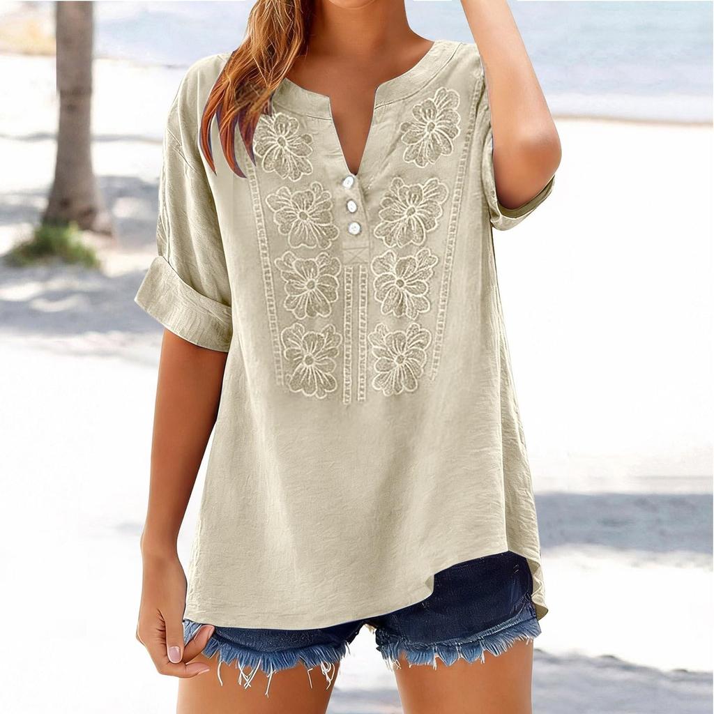 Women's Fashionable Casual Loose-Fit Embroidered Button-Up V-Neck T-Shirt Top