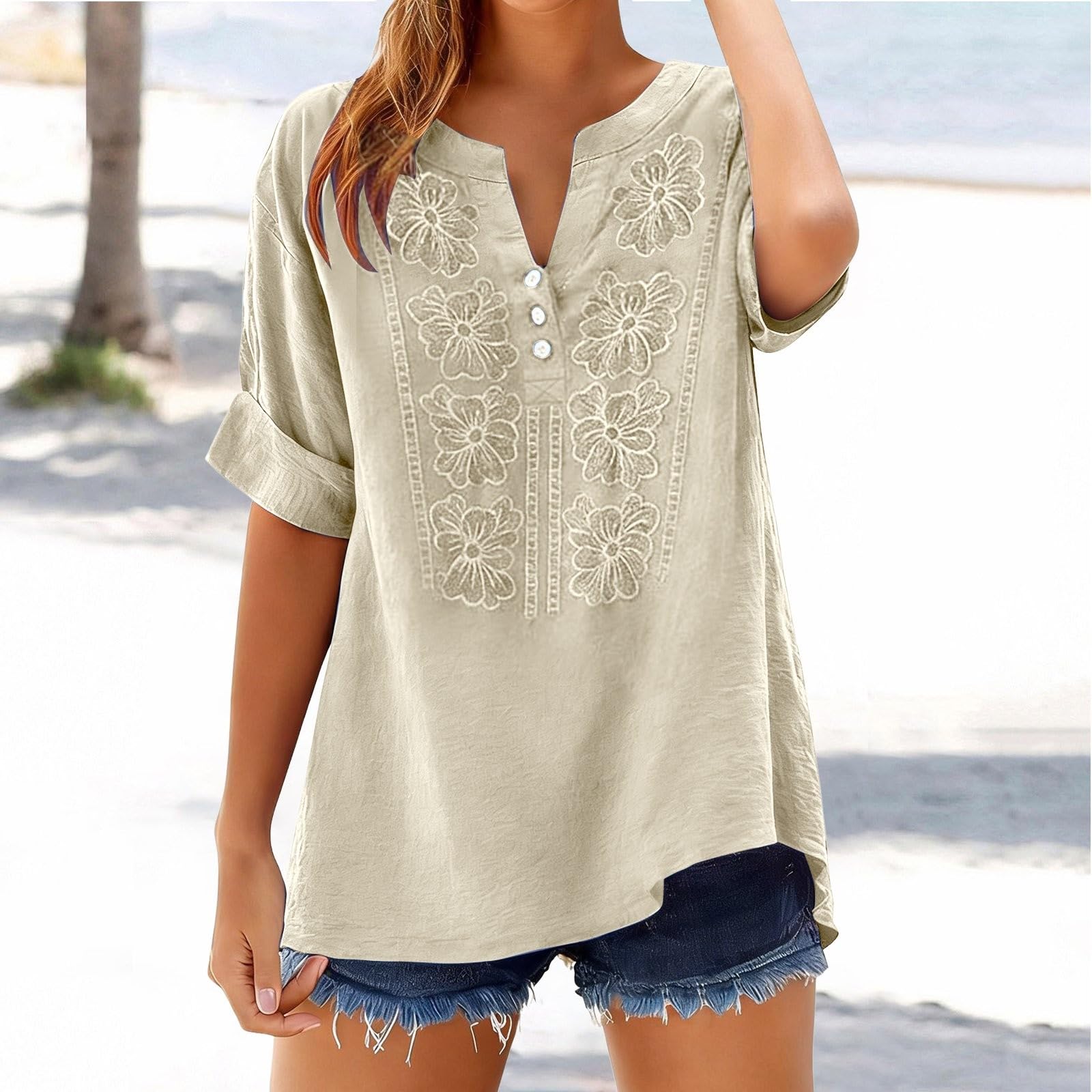 

Womens Casual Loose Fit Embroidered V Neck Button Down Blouse Long Sleeve Roll Up Tunic Top for Daily Wear L бежевый