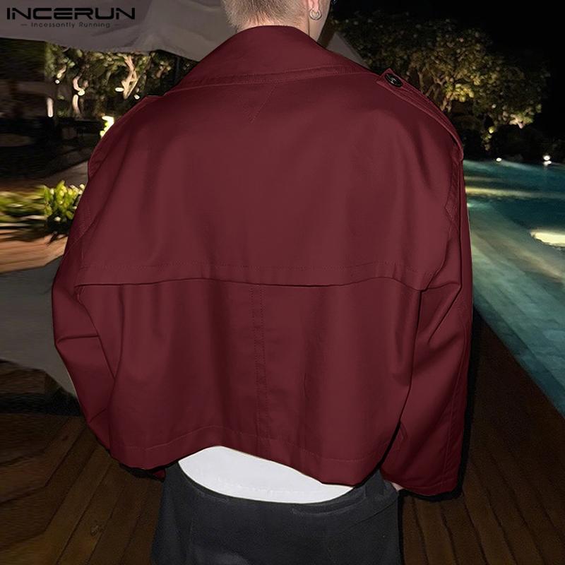 INCERUN Ovesized Men Lapel Neck Long Sleeve Buttons Up Short Windbreaker Coats