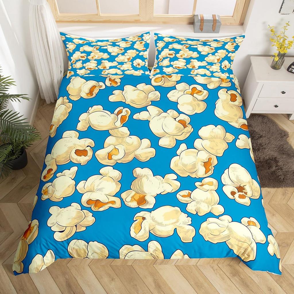 Popcorn Food Bedding Set King Queen Double Movie Theater Theme Duvet Cover Filmstrip Polyester Comforter Cover Blue Quilt Cover