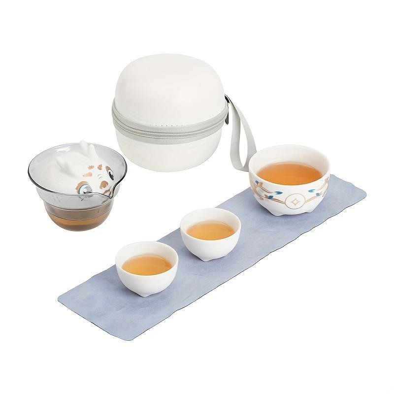 1 Set Of 4 Pcs Ceramic Travel Tea Set Include One Pot And Three Cups Dragon Year Outdoor Camping Portable Tea Set For Home Restaurant Hotel Office Tea