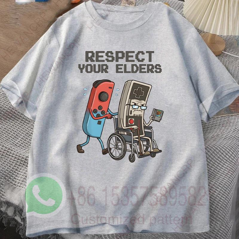 Respect Your Elders Mens Tshirt Summer Tracksiut Roundneck Pullovers Shortsleeved Tops Harajuku Cotton Casual Streetwear