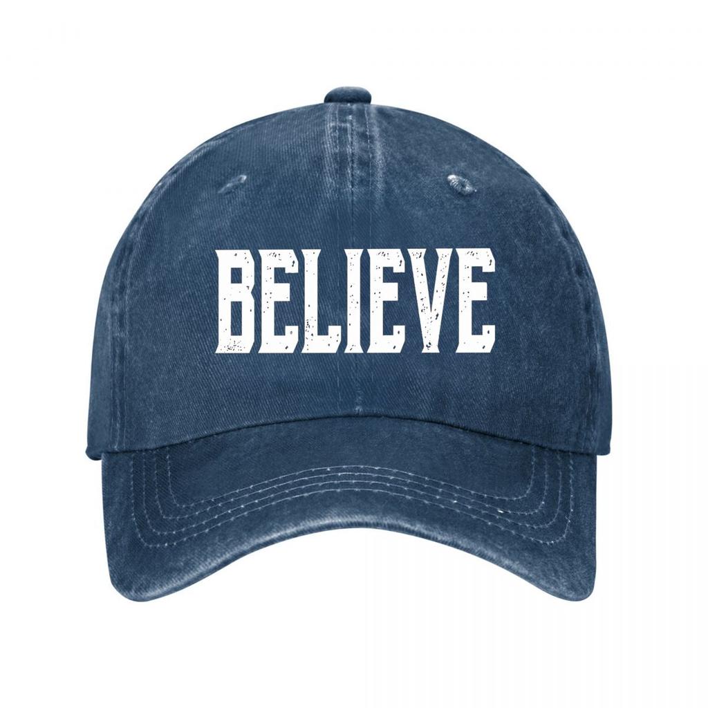 Believe Distressed College Lettering Typography Design Washed Baseball Cap Outdoor For Womens Unisex FeUnisex